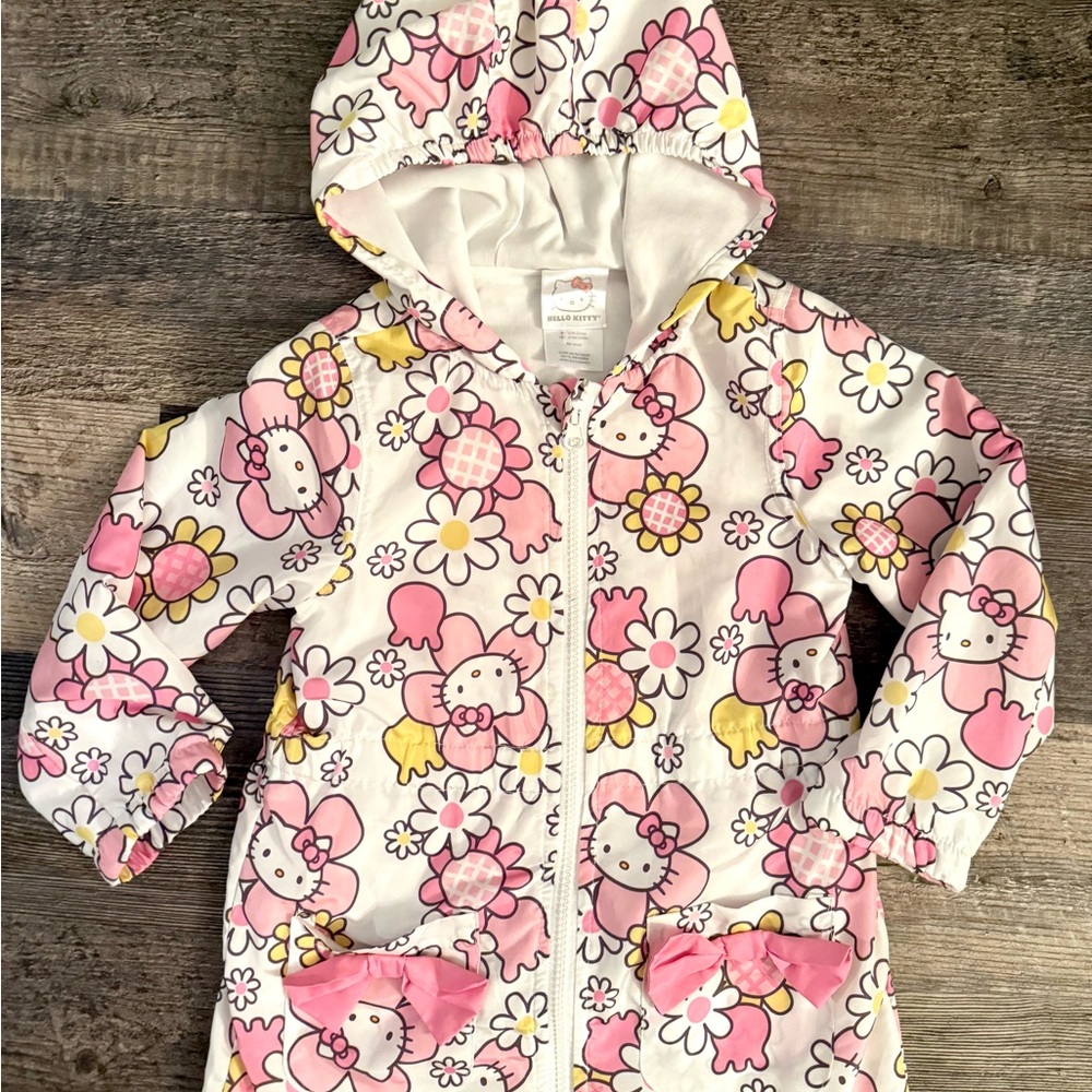 Hello Kitty Floral Hooded Windbreaker Girls‎ Size 4 Pink Bow Jacket Sanrio